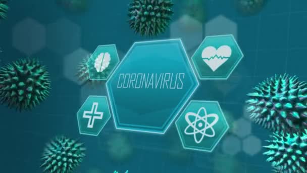青い背景にコロナウイルスと青い医療用アイコンが浮かぶマクロCovid 19細胞のアニメーション 世界的なパンデミックコロナウイルスCovid 19感染症の概念をデジタルで生成 — ストック動画