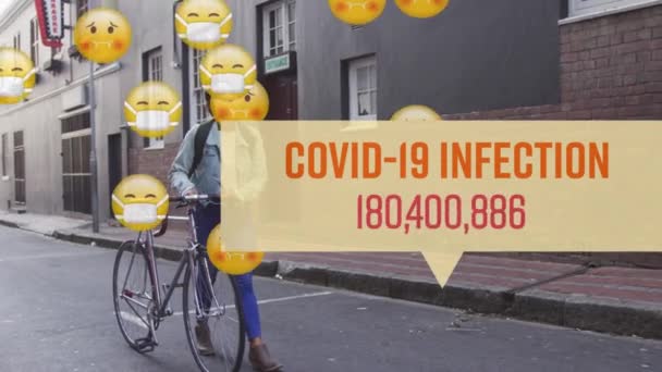 Animation Covid Infektion Antalet Stiger Med Emojis Flyter Över Kvinna — Stockvideo