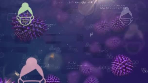 宏观Covid 19细胞的动画和戴着面具图标的人带着蓝色背景的数学方程漂浮着 全球大流行病Coronavirus Covid — 图库视频影像