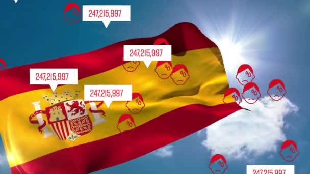Animacja Rosnących Liczb Chorych Ludzi Ikony Pływające Hiszpańską Flagą Machające — Wideo stockowe