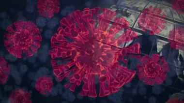 Makro Covid-19 hücrelerinin animasyonu dünya üzerinde yüzüyor ve kıtalar Amerikan dolarlarından oluşuyor. Coronavirus Covid-19 pandemik konsept dijital bileşik