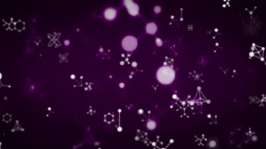 Çoklu moleküllerin animasyonu, mor arka planda yüzen kimyasal elementler. Coronavirus Covid-19 salgın DNA konsepti dijital bileşik