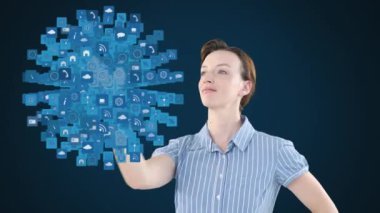 3 boyutlu interaktif ekran kullanan beyaz bir kadının animasyonu. Küresel ekonomi ve teknoloji kavramı dijital kompozit