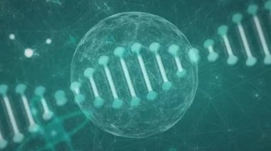 Birden fazla molekülün animasyonu, kimyasal elementler ve mavi arkaplanda yüzen bir DNA türü. Coronavirus Covid-19 salgın DNA konsepti dijital bileşik