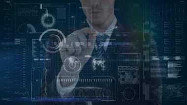 3 boyutlu interaktif ekran kullanan beyaz bir adamın animasyonu. Küresel ekonomi ve teknoloji kavramı dijital kompozit