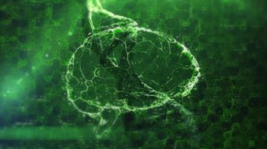 Bir DNA türünün animasyonu ve siyah arkaplandaki yeşil bağlantılardan yapılmış bir insan beyni. Coronavirus Covid-19 salgın DNA konsepti dijital bileşik
