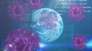 Dünya üzerinde yüzen makro Covid-19 hücrelerinin animasyonu istatistik ve veri işleme gösteriyor. Coronavirus Covid-19 pandemik konsept dijital bileşik