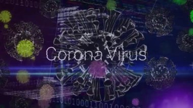 Mavi arka planda yüzen makro Covid-19 hücreleri, veri işleme ve istatistikler üzerine Coronavirus kelimesinin animasyonu. Coronavirus Covid-19 pandemik konsept dijital bileşik