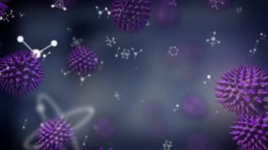 Çoklu moleküller, kimyasal elementler ve mavi zemin üzerinde yüzen makro Covid-19 hücrelerinin animasyonu. Coronavirus Covid-19 salgın DNA konsepti dijital bileşik
