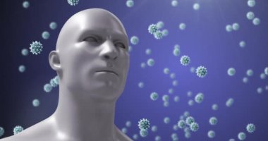 Mavi arka planda üç boyutlu bir insan kafası modeli etrafında yüzen makro Covid-19 hücrelerinin animasyonu. Küresel salgın koronavirüs Covid 19 salgın konsepti dijital olarak oluşturulmuş animasyon