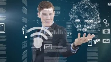 3 boyutlu interaktif ekran kullanan beyaz bir adamın animasyonu. Küresel ekonomi ve teknoloji kavramı dijital kompozit