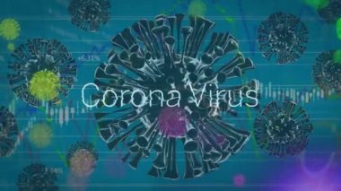 İstatistik ve veri işleme ile yüzen makro Covid-19 hücreleri üzerinde Corona virüsü kelimesinin animasyonu. Coronavirus Covid-19 pandemik konsept dijital bileşik