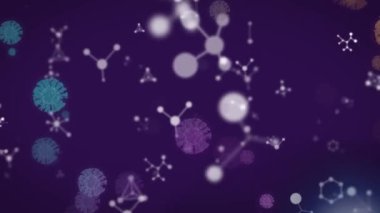 Çoklu moleküller, kimyasal elementler ve mor zemin üzerinde yüzen makro Covid-19 hücrelerin animasyonu. Coronavirus Covid-19 salgın DNA konsepti dijital bileşik