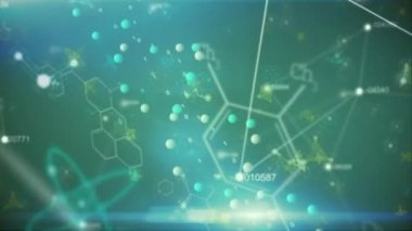 Birden fazla molekülün animasyonu, kimyasal elementler ve mavi arka planda yüzen bir DNA türü. Coronavirus Covid-19 salgın DNA konsepti dijital bileşik