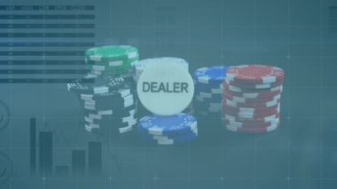 İstatistiklerin animasyonu, kumarhane çipleri üzerinde veri işleme elinde kelime dağıtıcısı olan bir kumarhane fişi, iskambil kağıtlarının düşmesi. Coronavirus Covid-19 pandemik konsept dijital bileşik