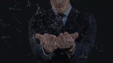 3 boyutlu interaktif ekranla bağlantı ağı kullanan beyaz bir adamın animasyonu. Küresel ekonomi ve teknoloji kavramı dijital kompozit