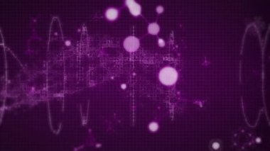 Çoklu moleküllerin animasyonu, mor arka planda yüzen kimyasal elementler. Coronavirus Covid-19 salgın DNA konsepti dijital bileşik