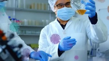 Laboratuvarda çalışan bilim adamlarının üzerinde yüzen makro Covid-19 hücrelerinin animasyonu. Coronavirus Covid-19 pandemik konsept dijital bileşik