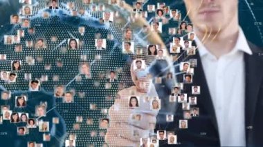 Kafkasyalı bir adamın başparmağını kaldırdığı insanların resimlerinin olduğu bir dünya animasyonu. Küresel ekonomi ve teknoloji kavramı dijital kompozit