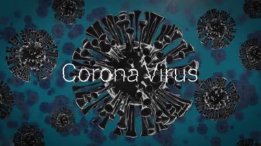 Mavi arka planda süzülen makro Covid-19 hücreleri üzerinde Corona virüsü kelimesi animasyonu. Coronavirus Covid-19 pandemik konsept dijital bileşik