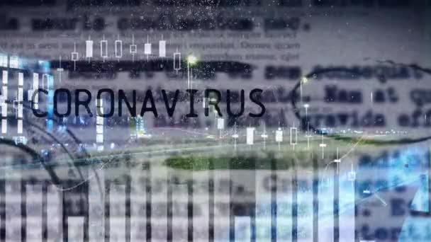 Animace Slov Coronavirus Spiknutí Přes Stránky Novin Grafy Objevují Rychlý — Stock video