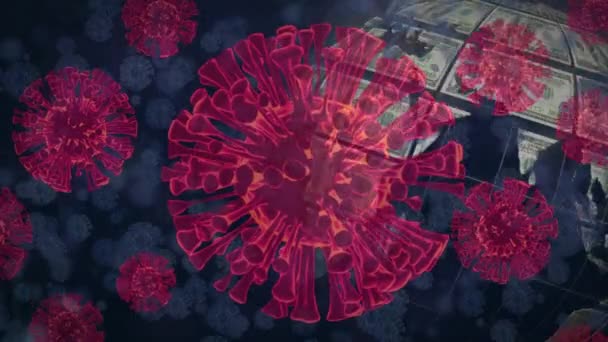 米ドル紙幣が回転する大陸で世界中に浮かんでいるマクロCovid 19細胞のアニメーション コロナウイルスCovid 19パンデミックコンセプトデジタル複合体 — ストック動画