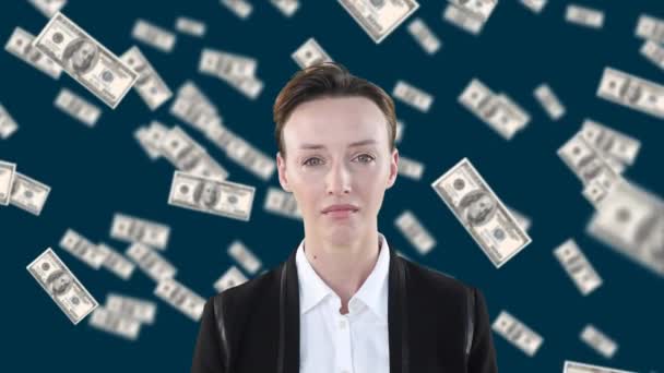 一个白人女人因美元钞票飘浮而哭泣的动画 全球经济和技术概念数字组合 — 图库视频影像