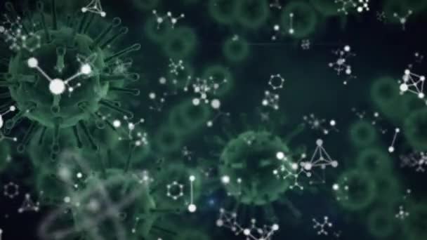 複数の分子 化学元素 マクロのアニメーション黒色の背景に浮かぶCovid 19細胞 コロナウイルスCovid 19パンデミックDnaコンセプトデジタル複合体 — ストック動画
