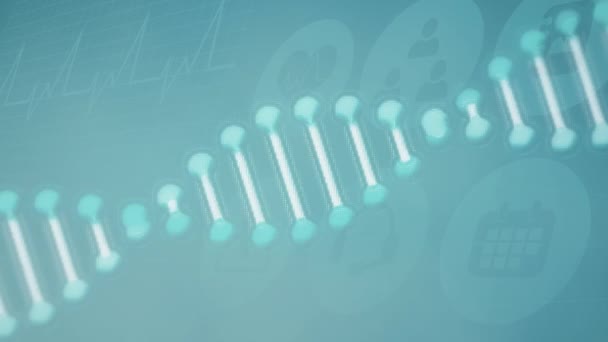 Animation d'une souche d'ADN filant avec des icônes sociales flottant sur fond bleu. Coronavirus Covid-19 pandémie ADN concept composite numérique 