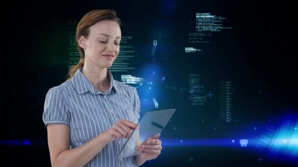 Animation Caucasian Woman Using Interactive Tablet Global Economy Technology Concept — Stock Video