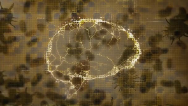 マクロCovid 19細胞が浮遊して回転する3Dヒト脳モデルのアニメーション コロナウイルスCovid 19パンデミックDnaコンセプトデジタル複合体 — ストック動画