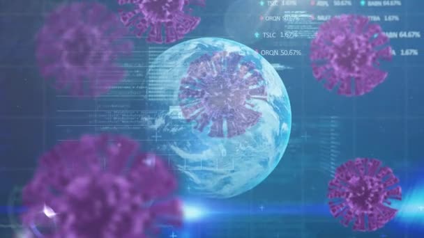 매크로 Covid 세포의 애니메이션 지구본 데이터 처리를 코로나 바이러스 Covid — 비디오