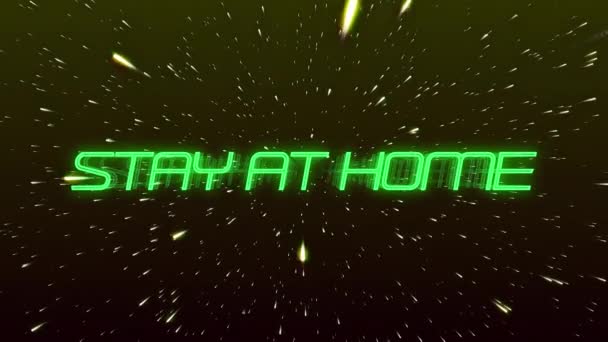 言葉のアニメーション Stay Homeは緑で書かれています 浮動光沢のある点の上にネオン文字 世界的なパンデミックコロナウイルスCovid 19流行概念デジタル組成 — ストック動画