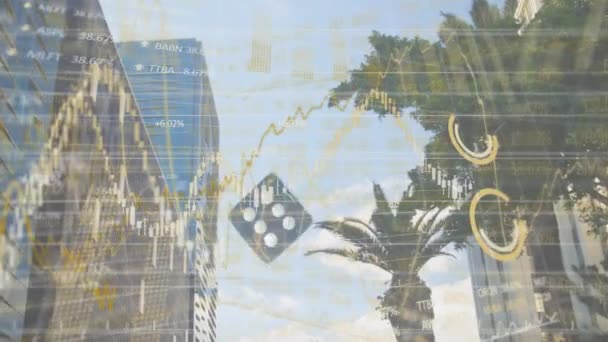 Animation de statistiques, traitement de données avec un dé noir tombant sur un paysage urbain. Coronavirus Covid-19 pandémie concept composite numérique 