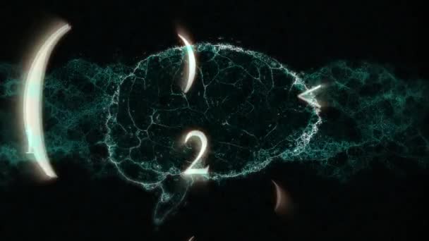 Анимация Чисел Плавающих Над Блестящим Человеческим Мозгом Состоящим Связей Коронавирус — стоковое видео