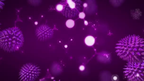 Анімація Декількох Молекул Хімічних Елементів Макро Клітин Ковід Плавають Фіолетовому — стокове відео