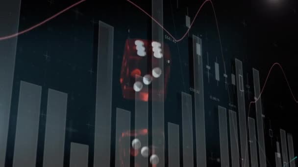 Animation Von Statistiken Datenverarbeitung Und Zwei Ineinander Fallenden Roten Würfeln — Stockvideo