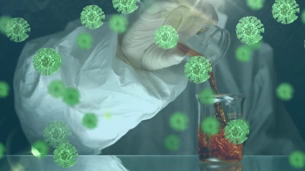 科学家将Covid 19巨细胞的动画以慢动作注入液体 Coronavirus Covid 19大流行病概念数字组合 — 图库视频影像