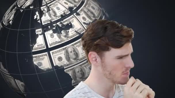 Animation Homme Caucasien Inquiet Sur Globe Billets Dollars Américains Filant — Video