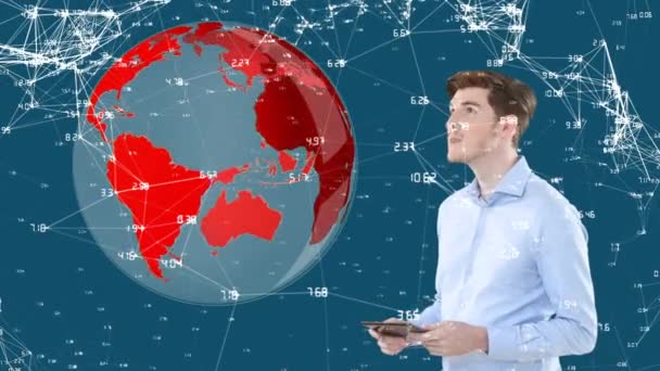 Animation Caucasian Man Using Interactive Tablet Web Connections Globe Spinning — Stock Video