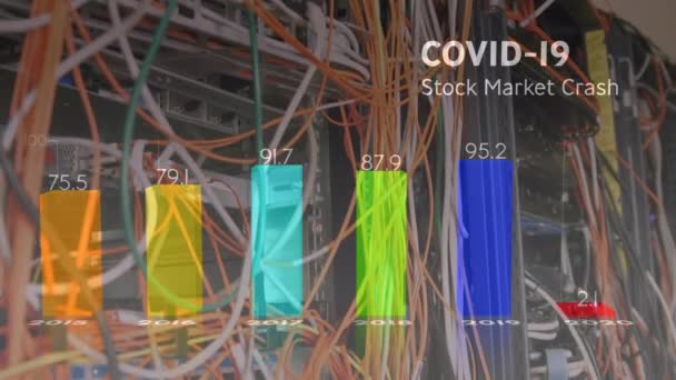 动画的图表显示Covid 19大流行病全球股票市场崩溃在一个空的服务器房间 Coronavirus Covid 19大流行病概念数字组合 — 图库视频影像