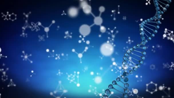 多个分子 化学元素和一个Dna菌株在蓝色背景上的动画化 Coronavirus Covid 19大流行病Dna概念数字合成 — 图库视频影像