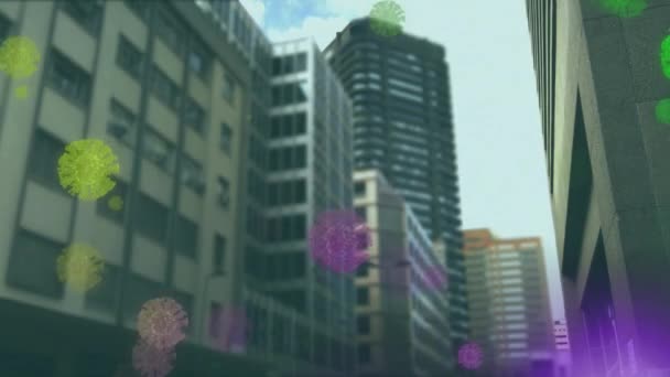 Animatie Van Macro Covid Cellen Zwevend Een Stadsgezicht Coronavirus Covid — Stockvideo