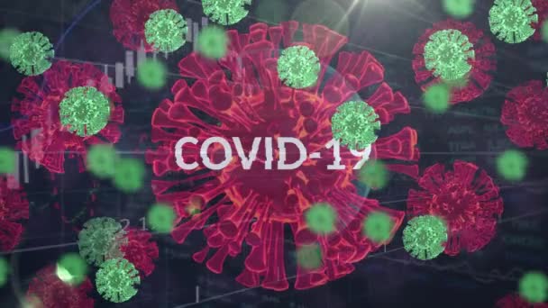 Animation Word Covid Macro Covid Cells Floating Showing Statistics Data — Stock Video