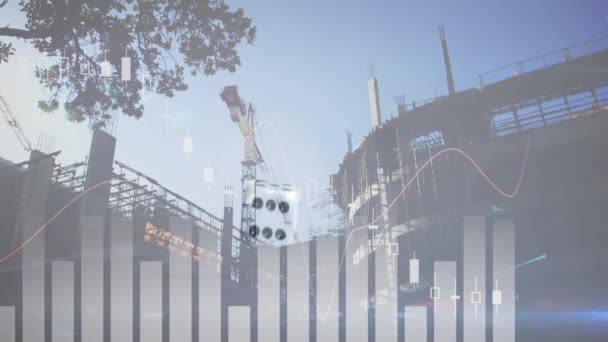 Statistiklerin Animasyonu Şehir Manzarası Üzerinde Yuvarlanan Beyaz Zarlarla Veri Işleme — Stok video