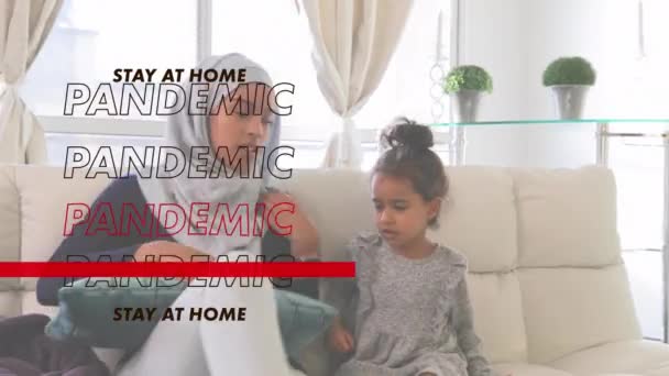 Animation Words Stay Home Pandemic Flashing Mixed Race Woman Sitting — Stock Video