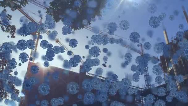大型Covid 19细胞在城市景观上漂浮的动画 Coronavirus Covid 19大流行病概念数字组合 — 图库视频影像