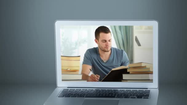 Animation Laptop Showing Caucasian Man Reading Book Writing Notebook Screen — Stock Video