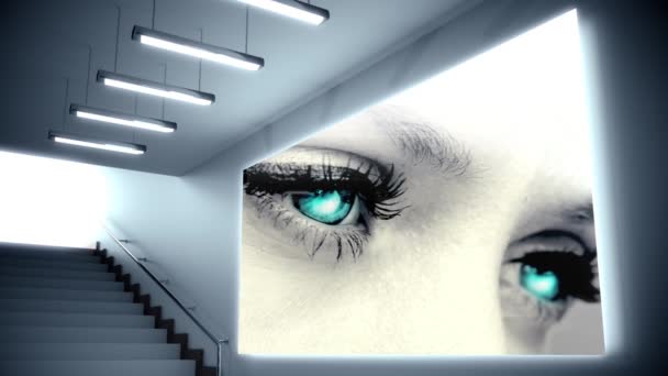 Анимация Лестницы Большим Экраном Голубыми Глазами Белой Женщины Концепция Технологии — стоковое видео