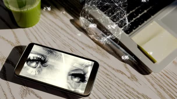 Animation Smartphone Showing Eyes Woman Web Connections Floating Smartphone Coronavirus — Stock Video